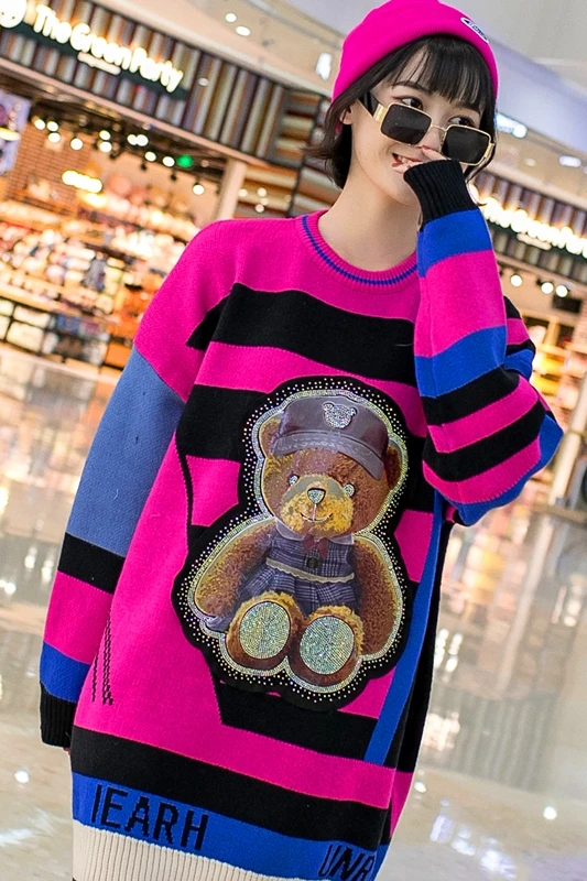 

Women's European station 2020 winter new heavy industry hot rhinestone stripe color matching loose knit sweater women