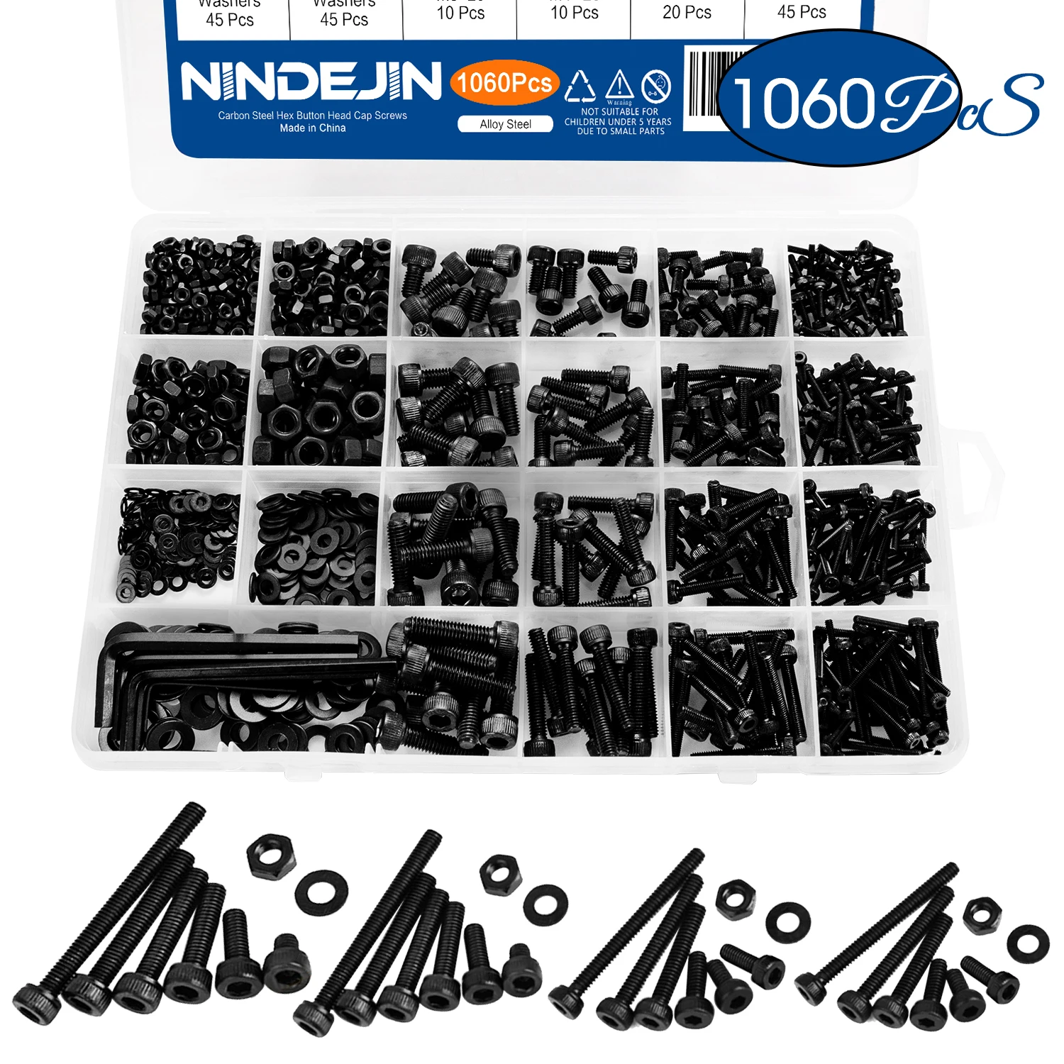 

1060pcs M2 M3 M4 M5 Hex Socket Screw Set Carbon Steel Flat Round Cap Head Screws Bolts and Nuts Assortment Kit with Storage Box