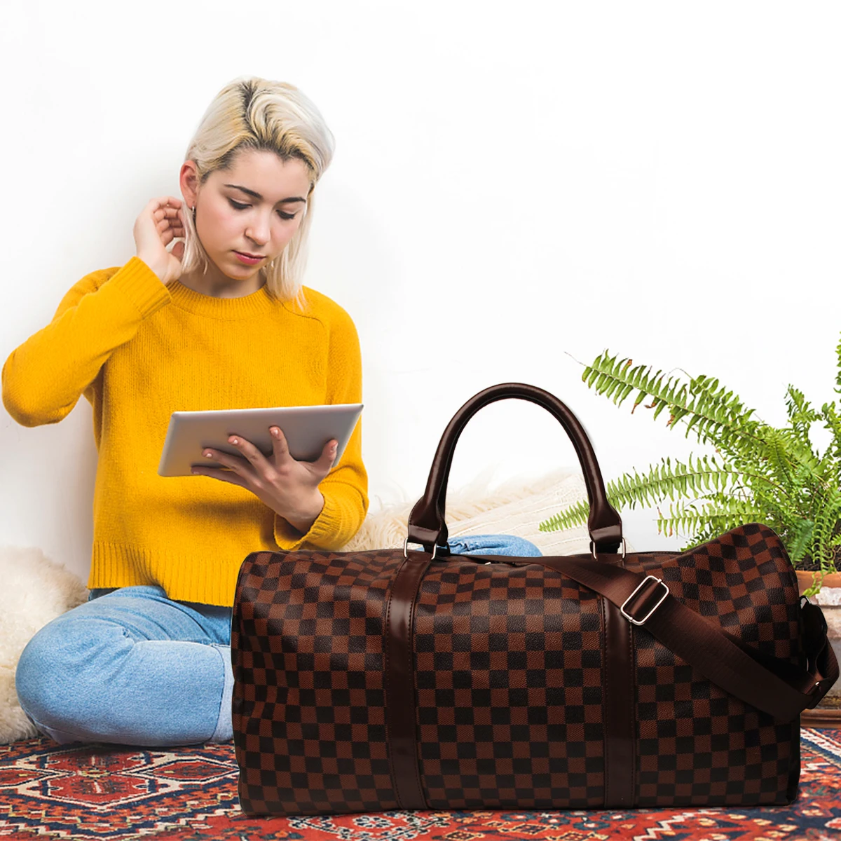 

Wholesale BROWN Check Duffle Bag Canvas Sports Travelling Bag DOM-1021065
