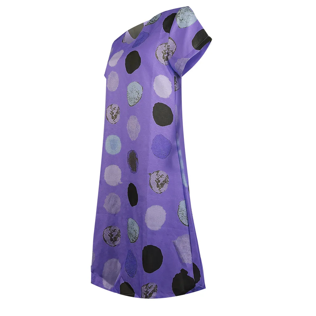 

40# Women Summer Dress Vintage Loose V-neck Print Short Sleeve Knee Midi Dress Dress 2020 Casual Beach Cotton Linen Dress