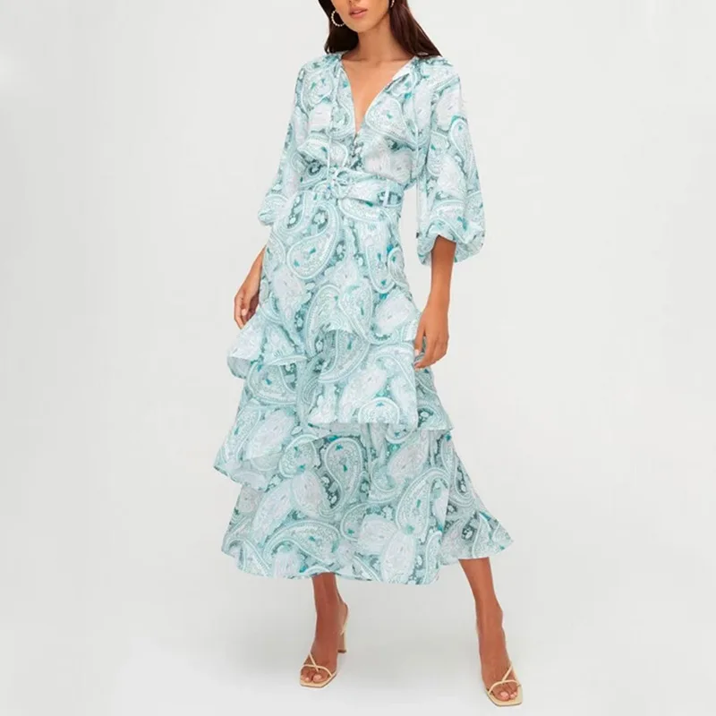 

Summer new blue chiffon group Outfits v-neck lantern sleeve jacket long high waist cake skirt