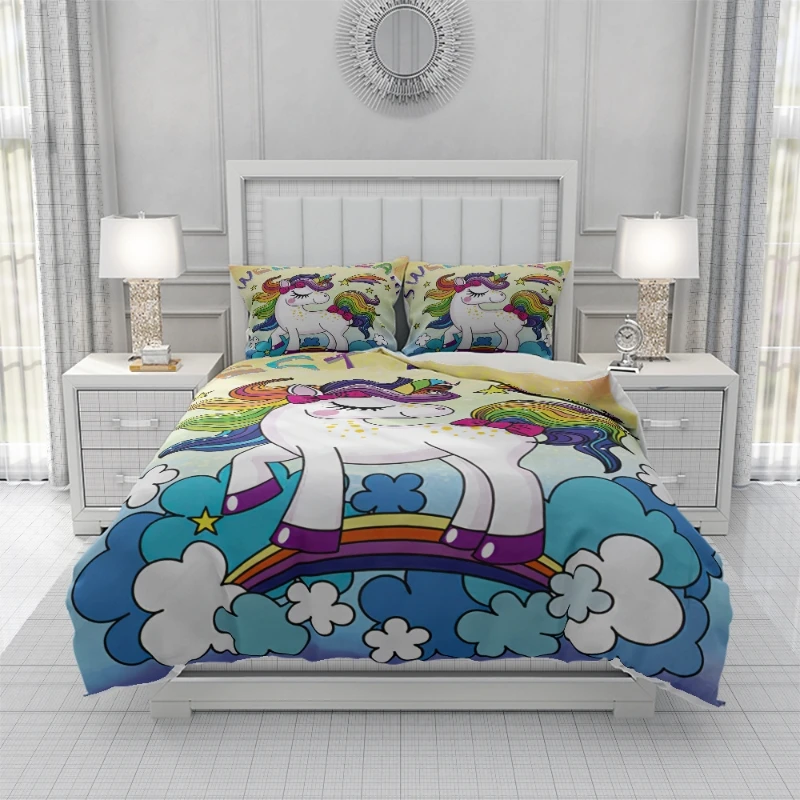 

2021Hot style 3D digital unicorn printing 100% cotton bedding set 1 duvet cover + 1/2 pillowcases bed in a bag US/EU/AU size.