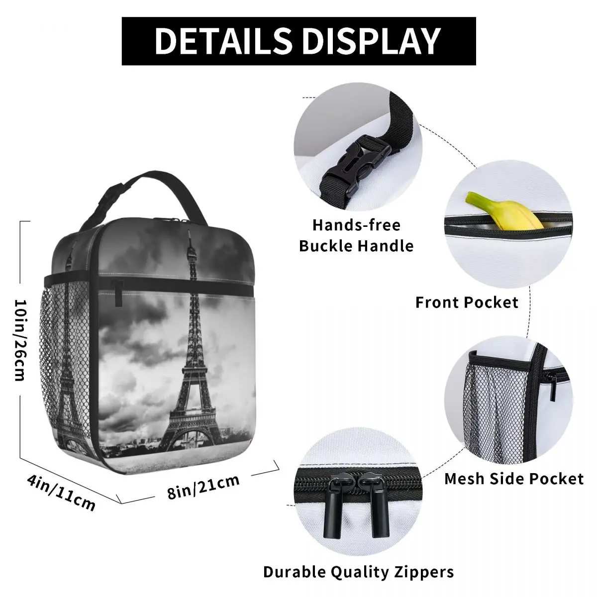 

Eiffel Tower On Cloudy Day Lunch Bag for Women Men Large Insulated Lunch Box with Water Bottle Holder and Pockets