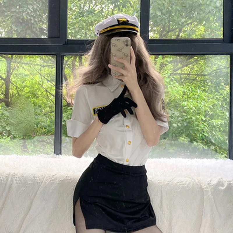 

2Pcs Korean Jk Uniform Cosplay Performance Clothing Women Police Business Set Sexy Secretary Stewardess Top+Skirt+Gloves+Hat