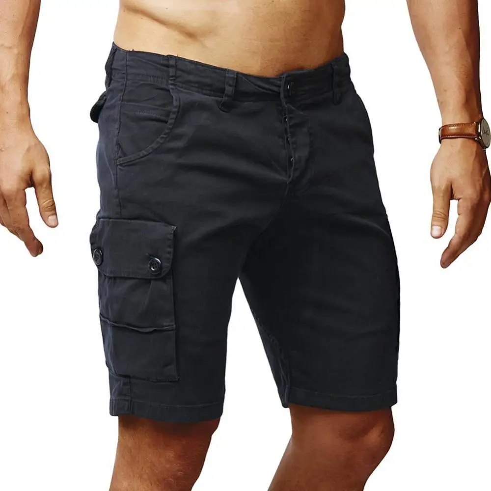 

Hot Sales Men Casual Solid Color Button Zip Multi Pockets Cotton Shorts Beach Trousers
