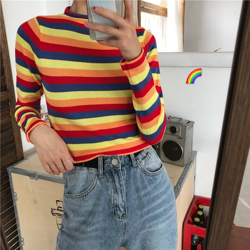 Hot Women Autumn Winter Korean Stripes print patterns which adds cool and refreshing feelings Collar Slim Bottom Knit Sweater | Женская