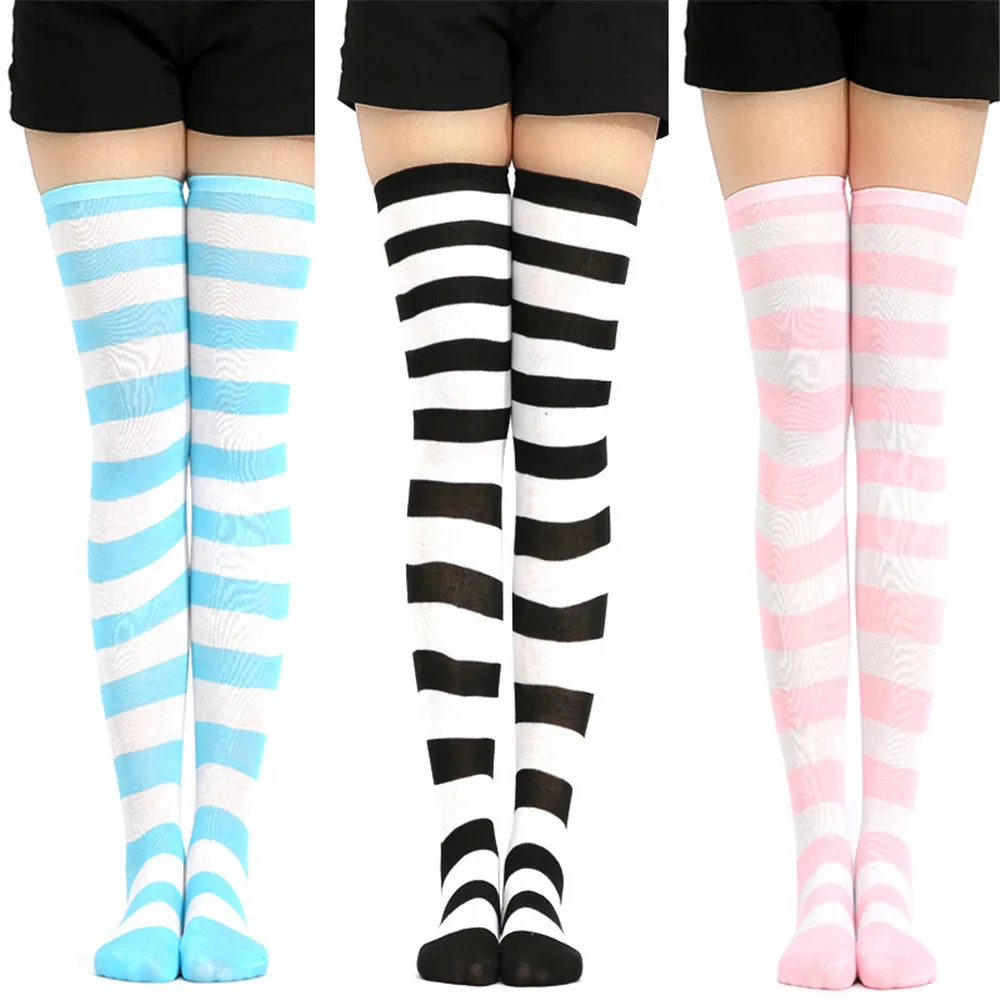 

1Pair New Women Girls Over Knee Long Stripe Printed Thigh High Striped Patterned Socks 12 Colors Sweet Cute Warm funny socks