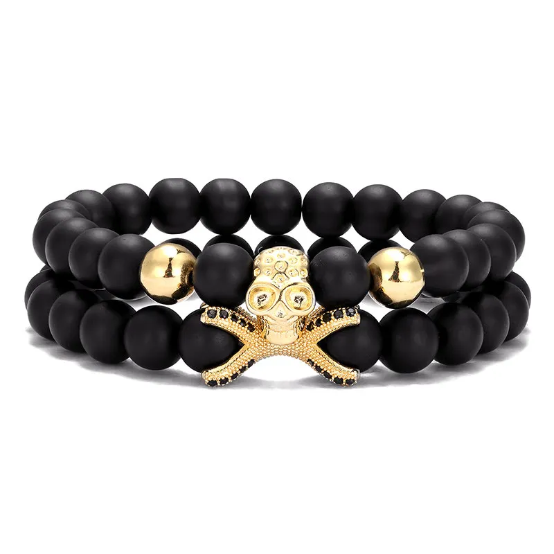 

2 piece set /Natural stone men's bracelet punk lucky skull bracelet men's fashion beads frosted stone yoga elastic bracelet