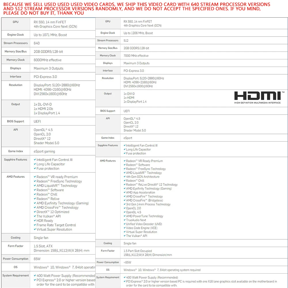 Видеокарты SAPPHIRE AMD GPU RX 550 2GB для компьютера Radeon RX550 DDR5 128 bit видеокарты настольных