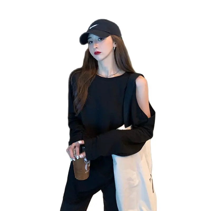 

Pure style irregular off-the-shoulder top women's 2021 summer new loose-necked long-sleeved T-shirt sunscreen