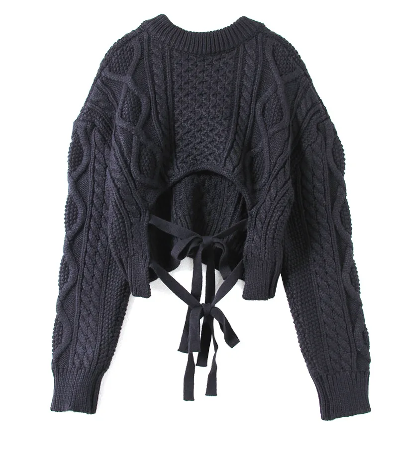 Женская Осенняя короткая KnittedTwist свитер пуловер с низким вырезом на спине