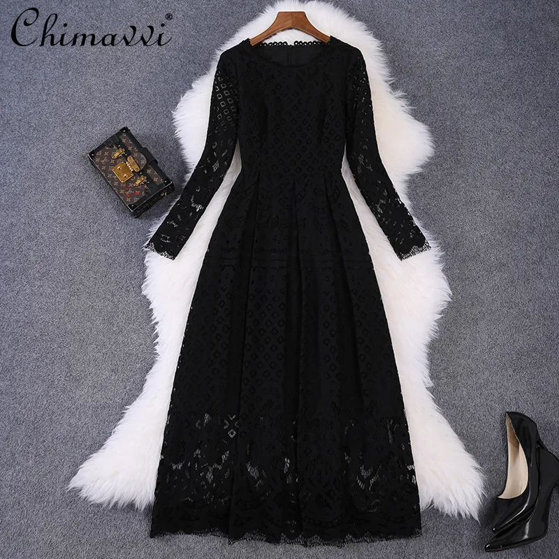 

High-End Black Lace Dress 2021 Fall Women's Clothing New Temperament High Waist Slim Fit A- Line Dress Long Sleeve Swing Dress