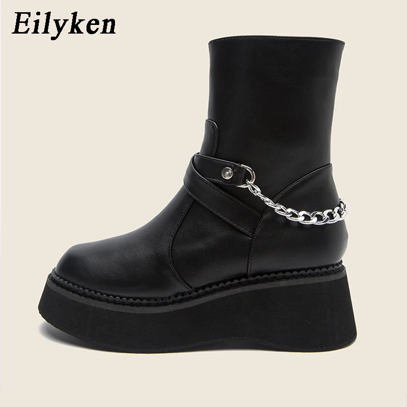 

Eiyken/черные женские полусапожки на толстой подошве с металлической цепочкой; Модные женские зимние ботинки на танкетке и платформе; Размеры ...