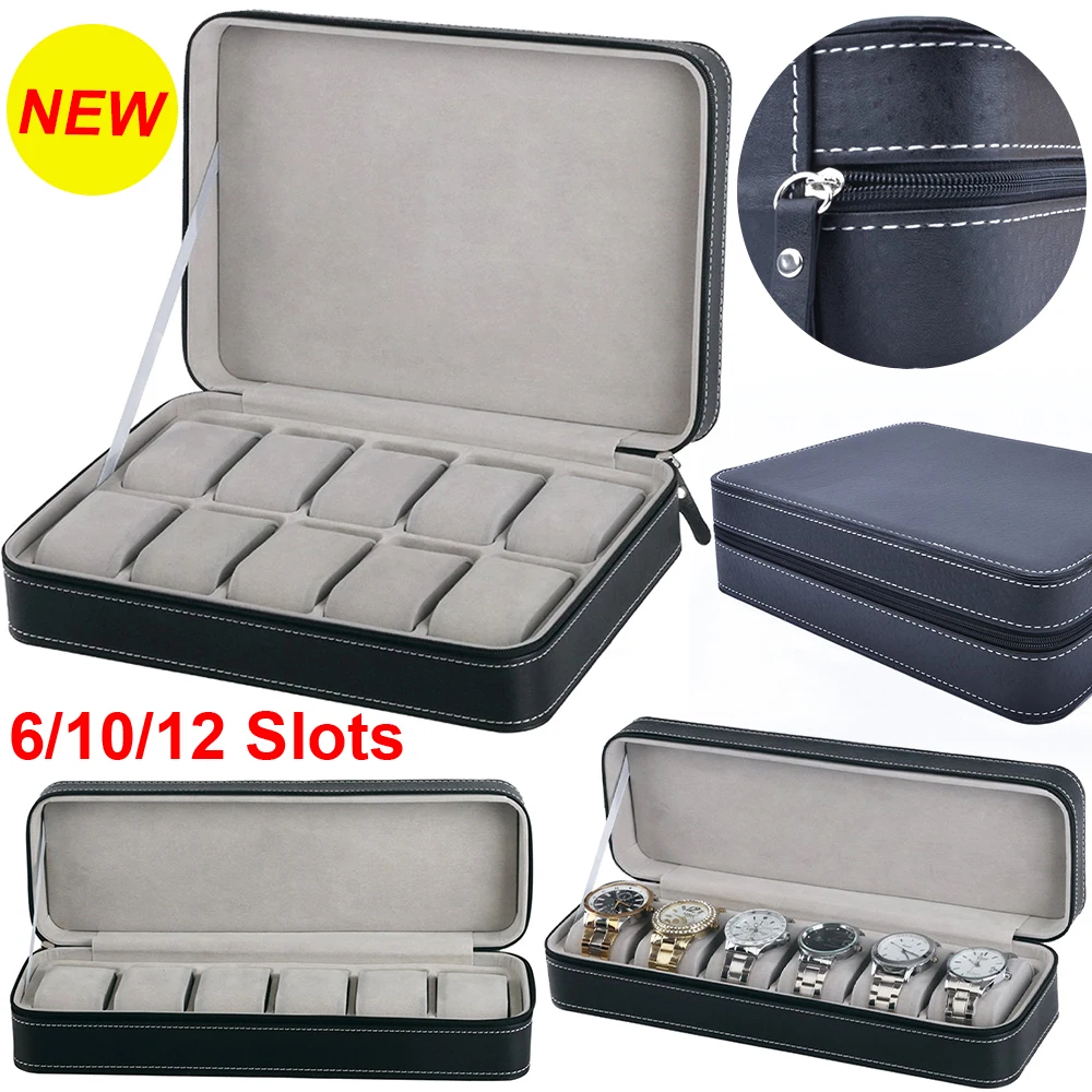 

6/10/12 Slots Portable Leather Watch Box Your Watch Good Organizer Jewelry Storage Box Zipper Easy Carry Men Watch Box New D30