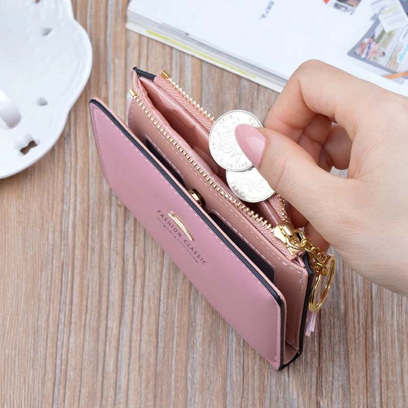 

New Ladies Short Wallet Female Student Simple PU Leather Tassel Leaf Fashion Coin Purse Zipper Card Holder For Female