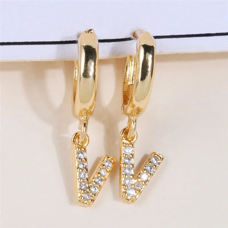 Fashion 26 Alphabet A-Z Rhinestones Hoop Earrings for Women Gold Small Letter Tiny Huggie Hoops Minimalist Jewelry | Украшения и