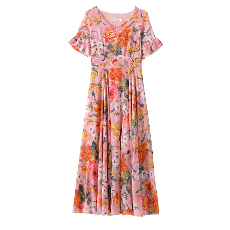 

2021 New Summer Chiffon Dress Large Size Clohtes V Neck Trumpet Sleeves Women Dresses Temperament Waist Slimming Orange Yellow