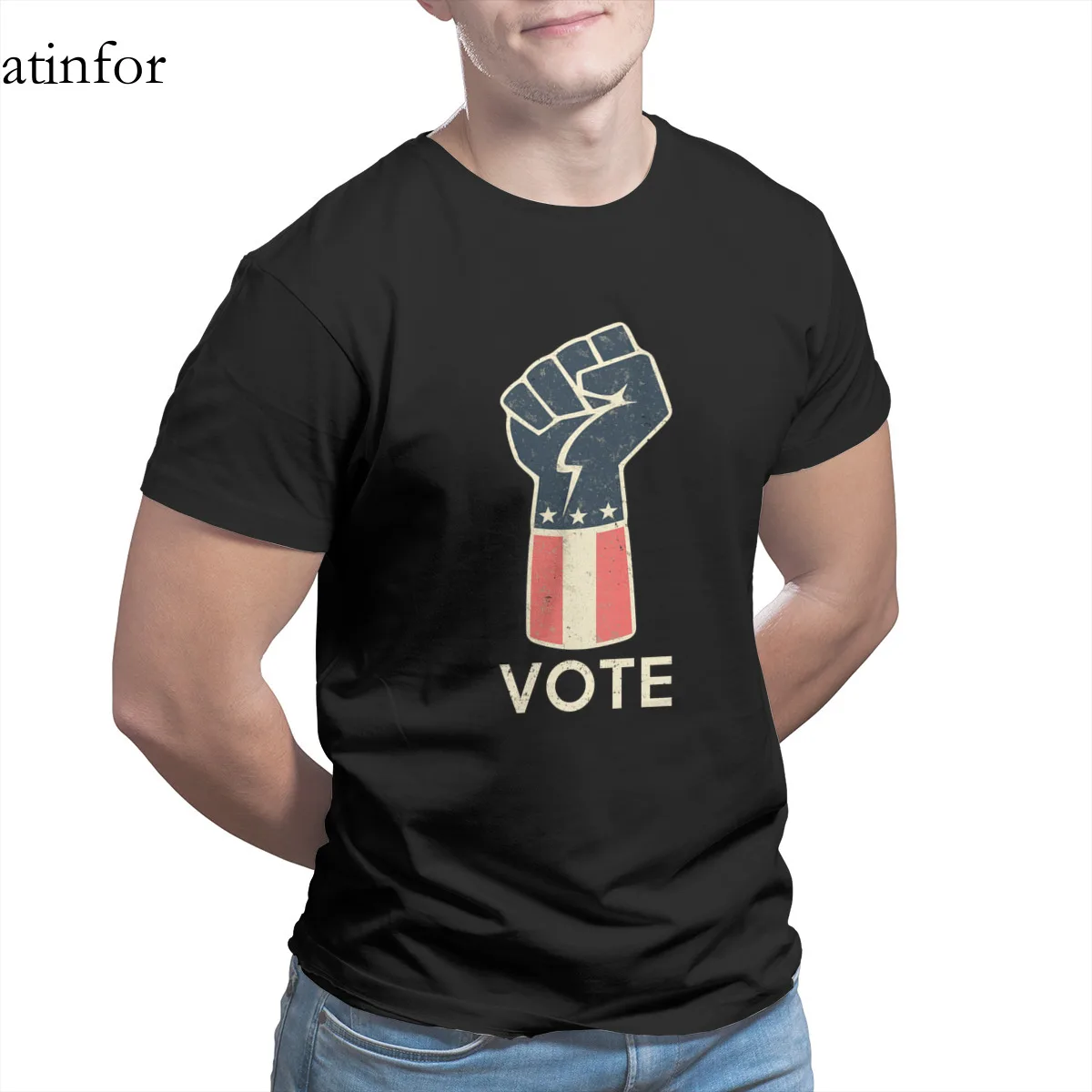 

Vote Upraised Fist Patriotic T-Shirt Black Wholesale Clothes Couples Matching Tops Retro Tees 17583