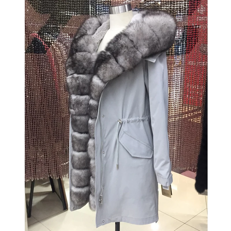 Женская зимняя длинная парка, пальто, куртка с капюшоном, Воротник из енота и лисы, съемная подкладка из кролика, 43D 66081