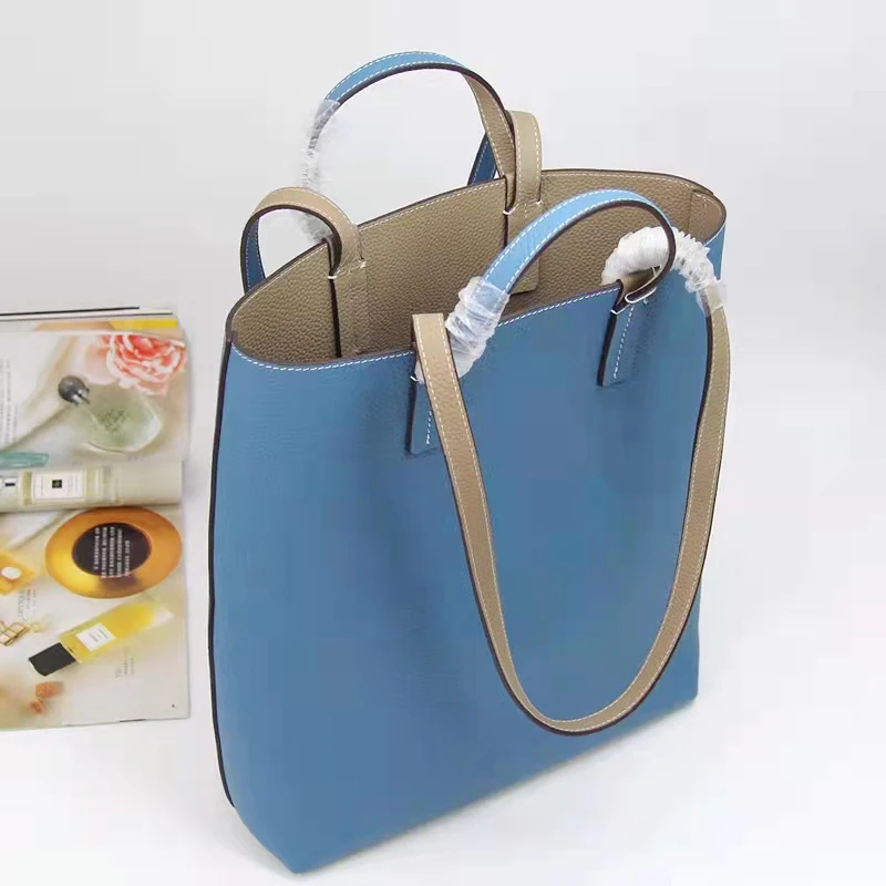 

Chic Double-sided Usable Togo Cowhide Leather Shoulder Bag Top Quality Cowskin Women Tote Bag Large Capacity Orange Blue Handbag
