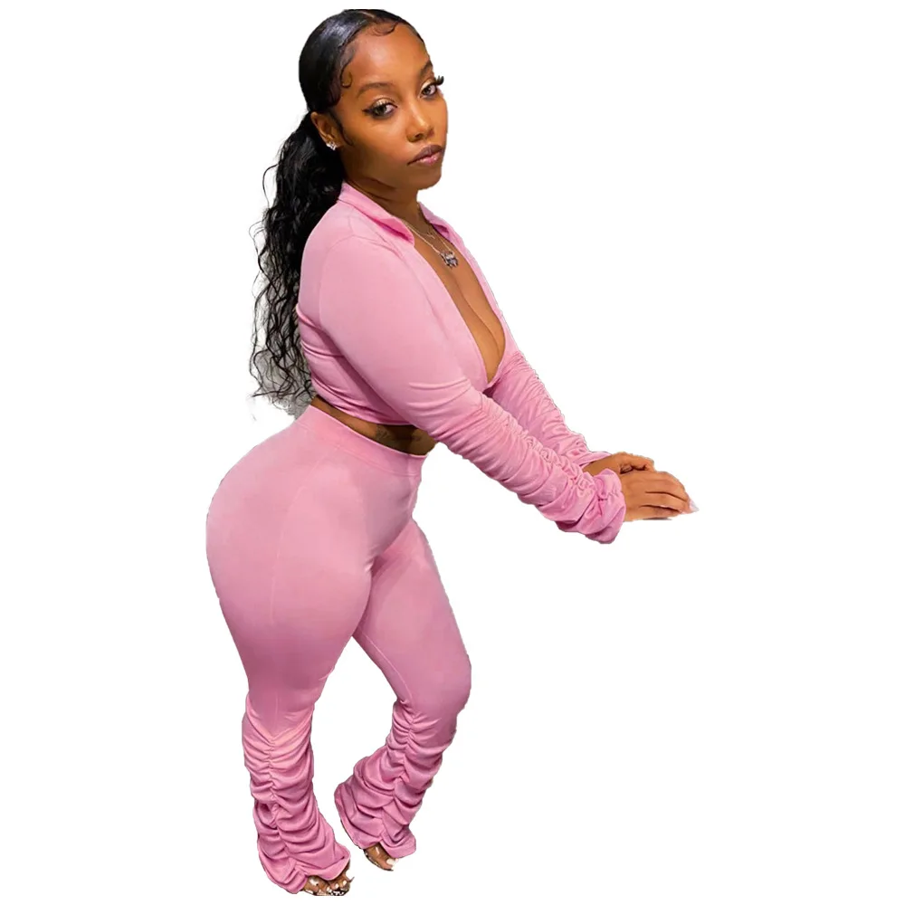 

78LY5848 Autumn Women Casual Solid V-neck Two Piece Set Top Ruched Full Length and Pants Tracksuit Sweatsuit Outfits