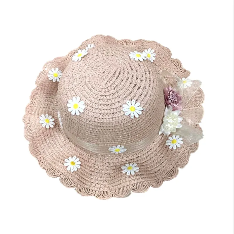 Шляпа соломенная детская летняя розовая с кружевными лентами Кепка козырьком от