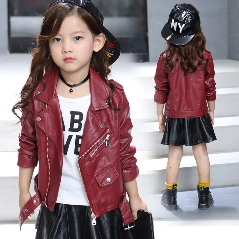 

Children's PU Jacket for Girls Coat Kids Outerwear Girls Fashion Zipper Belt Faux Leather Spring Autumn PU Jackets 3-12 Years