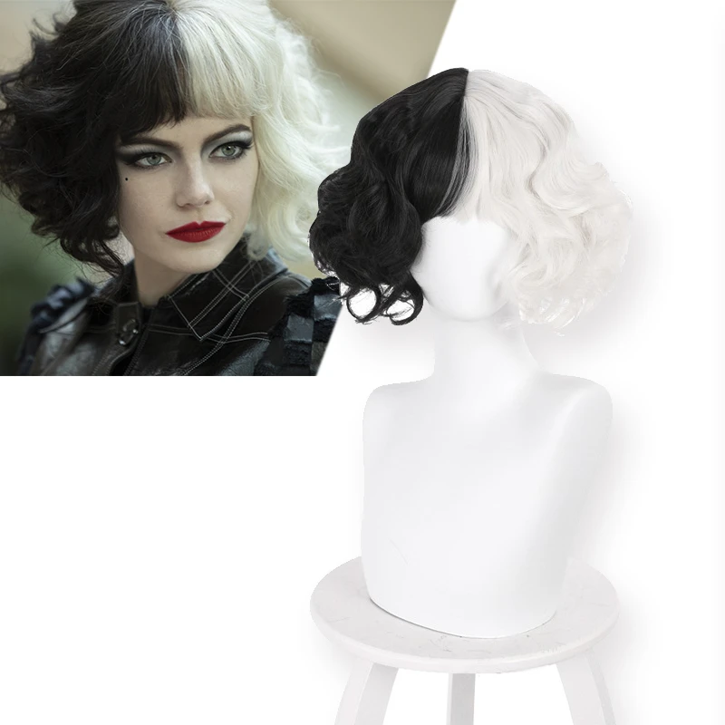 

2021 New Cruella De Vil Kuila Wig Half Black Half White Small Short Curly Cosplay Wigs Prop