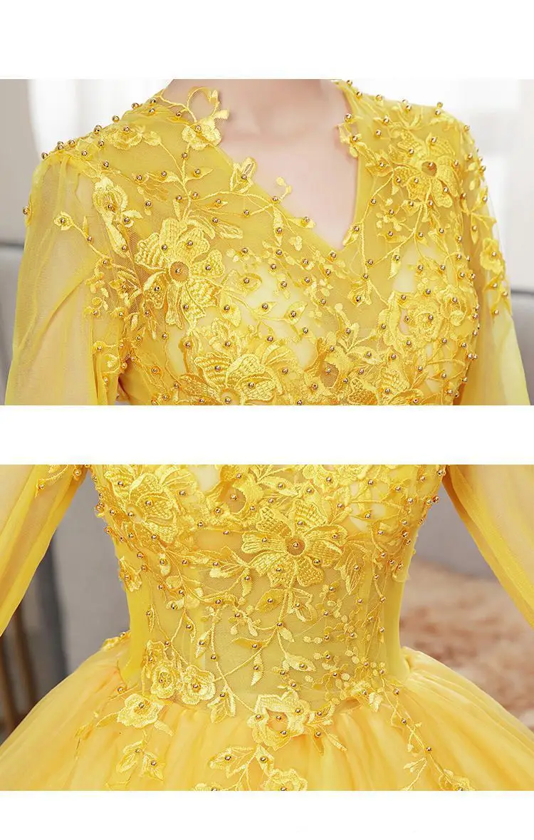 Новое корейское платье Quinceanera с длинным рукавом кружевное бальное вышивкой и