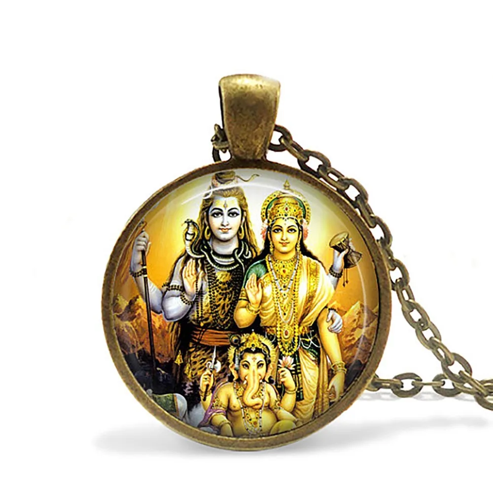 

Vintage India Religion Necklace God Brahma Lord Shiva Vishnu Jewelry Glass Cabochon Pendant Chain Necklaces Religion Jewelry