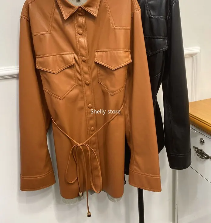 Women Jackets 2020 Autumn and Winter Belt Plain Leather Jacket Women's Jacket Lapel Locomotive Imitation Leather Leather Jacket