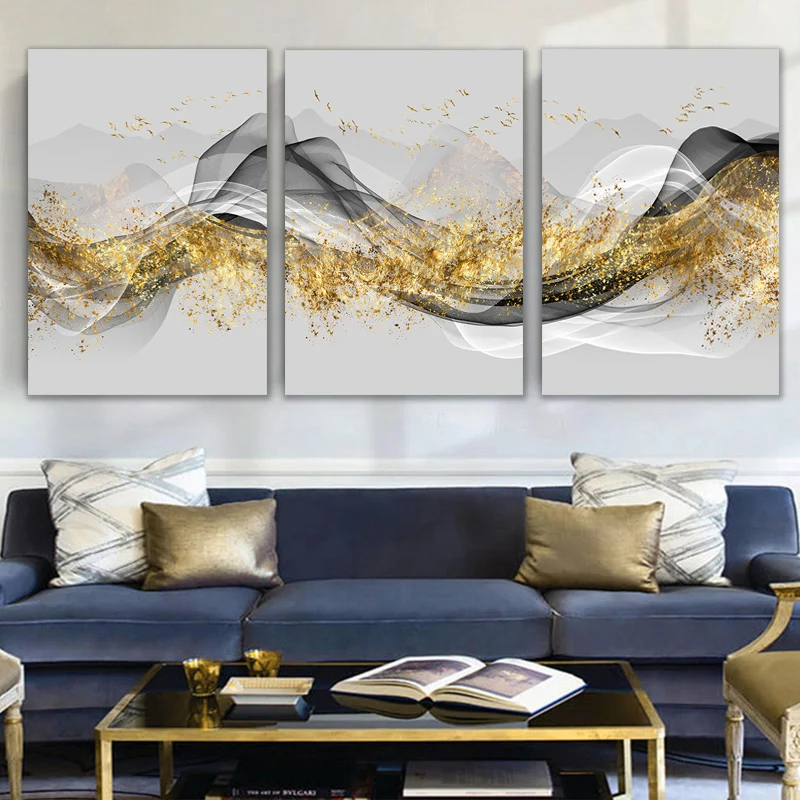 3 Панели Золотые горные постеры в китайском стиле домашний декор живопись на