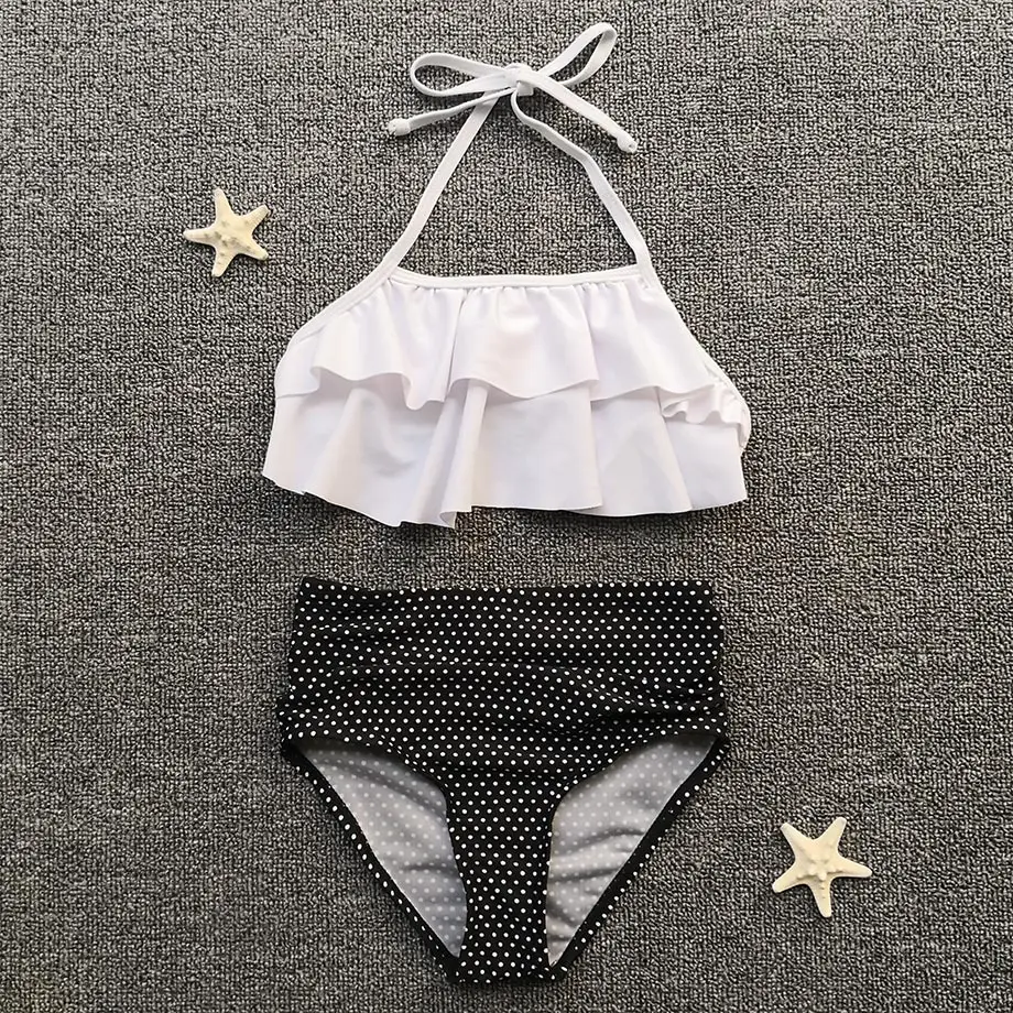 

High Waist Girl Bikini Polka Dot Girl Swimsuit Kids Swimwear Falbala Teenager Girl Swimming Bathing Suit White Children Swimwear