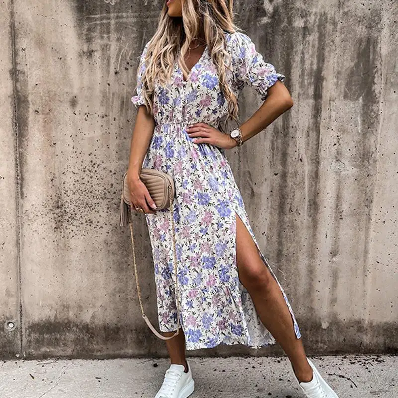 

Tide Summer Fashion Floral Print Split Dress Sexy V-Neck Button Elegant Elastic Waist Maxi Dress Ladie A-Line Party Slim Dress