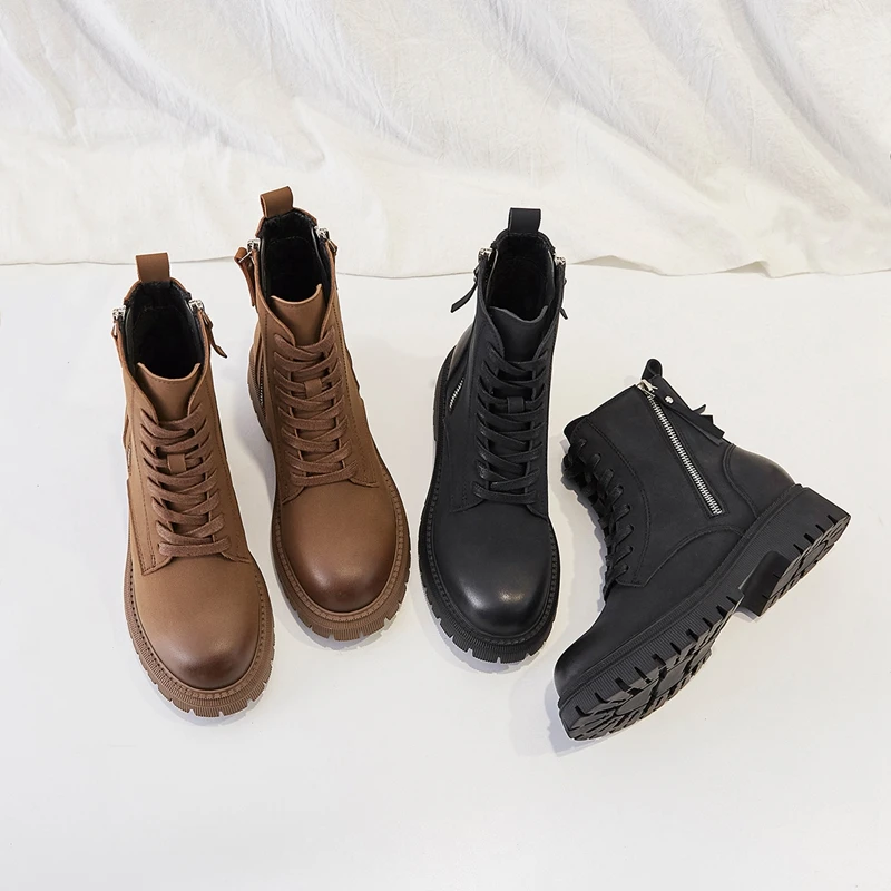 

2021 HOT Luxury Gothic Combat Boots Women Chunky Martin Shoes Zipper Fashion Platform Ankle Boots Thick Heels Brand Designers
