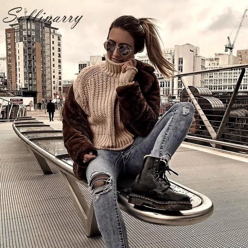 Sollinarry, вязаные зимние пуловеры, свитера для женщин, Осенние, с высоким воротом, свободный свитер, джемпер, женский, однотонный, хаки, шикарный свитер, топы