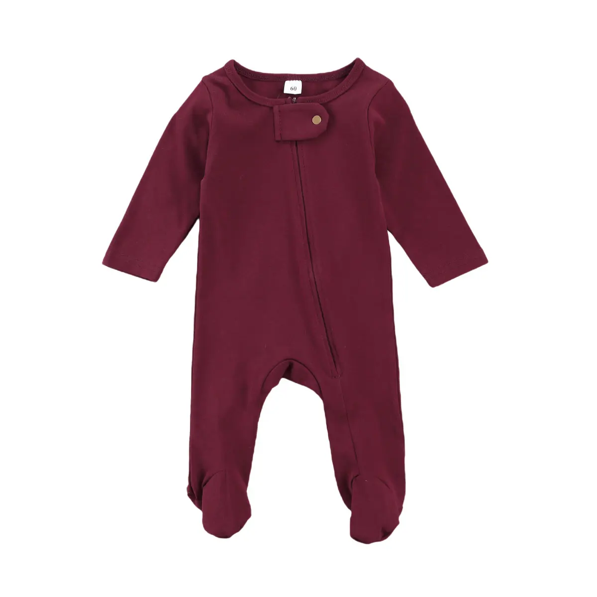

Newborn Solid Color Romper Infant Long Sleeve Round Neck Solid Color Zip-up Footed Jumpsuit Canis