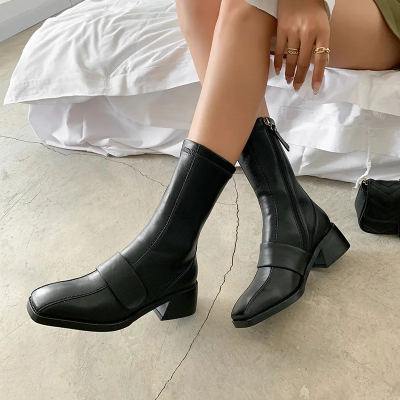 Женские ботинки Челси FEDONAS черные из натуральной кожи с квадратным носком на