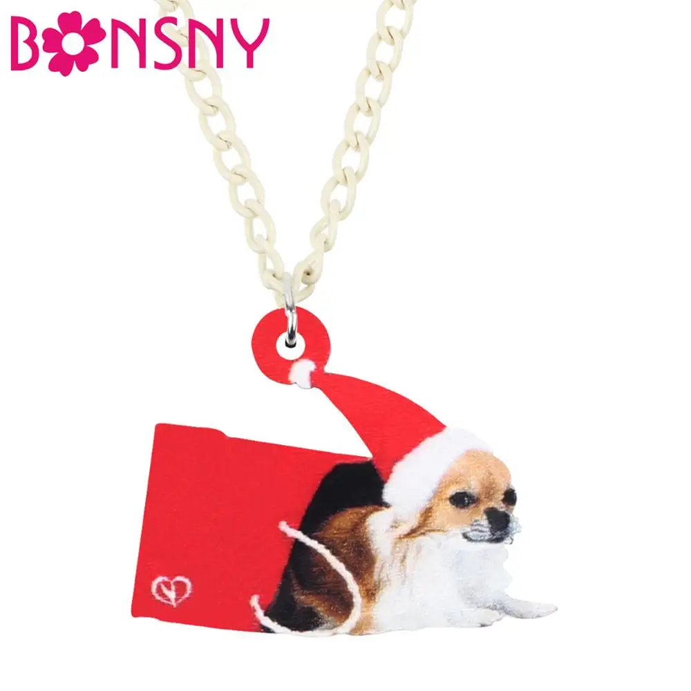 

Bonsny Acrylic Christmas Hat Chihuahua Dog Gift Box Necklace Pendant Chain Animal Jewelry For Women Girls Teens Gift Accessory