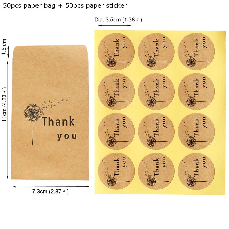 Dandelion thank you 50 шт сделано с любовью крафт бумажный пакет с бумажной наклейкой Единорог вечерние подарочные пакеты Свадьба Спасибо бумага для упаковки подарка сумка - Цвет: Dandelion thank you