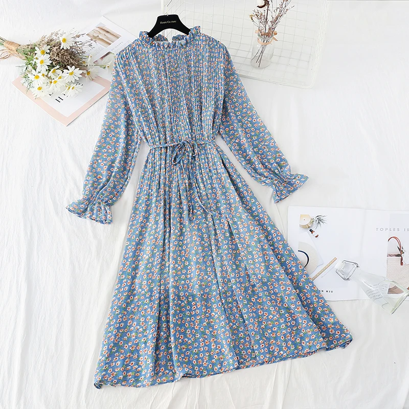 

2021 Spring Summer New Hot Women Print Pleated Chiffon Dress Fashion Female Casual Flare Sleeve Lotus Leaf Neck Basic Dresses