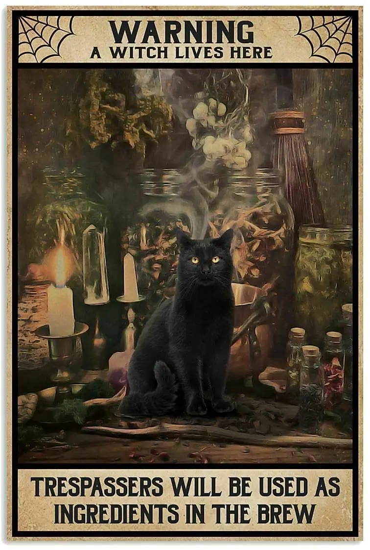 

A Witch Lives Here Cat for Vintage Metal Tin Signs Iron Painting Plaque Wall Decor Bar Pub Man Cave Cat Club Novelty Funny