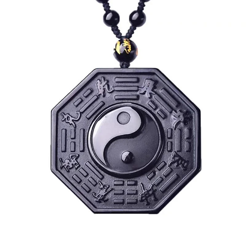

Natural Black Obsidian Pendant Carved Gossip Eight Diagram Pendant Beads Necklace Gift for Men crystal Jewelry Free Chain