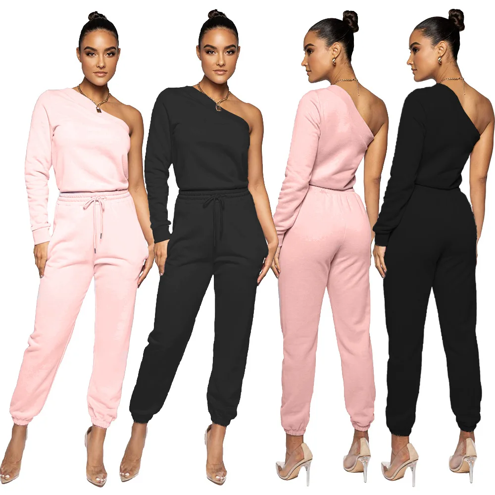 

High Street Elegant Tracksuit Women Rave Outfit Pure Color Diagonal Shoulder Hoodie Leisure Trousers Wholesale Dropshipping