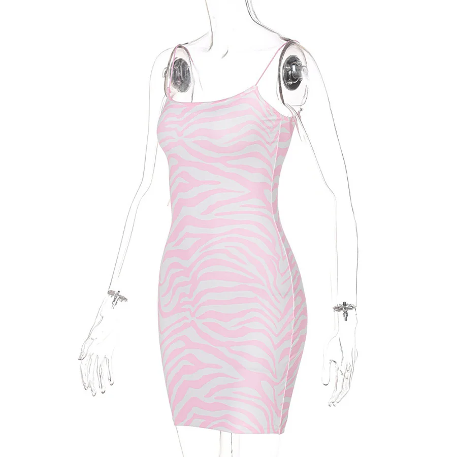 

New Sexy Pink Bodycon Dress Women Print Zebra Cami Dresses Y2K Streetwear Cute Backless Mini Dresses Summer Party Vestidos