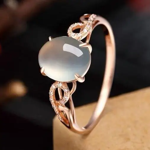 

Gold Inlaid High Quality Ice Jadeite Jade Chalcedony S925 Sterling Silver Ring Inlaid Egg Surface Jade Ring Women's Open Ring