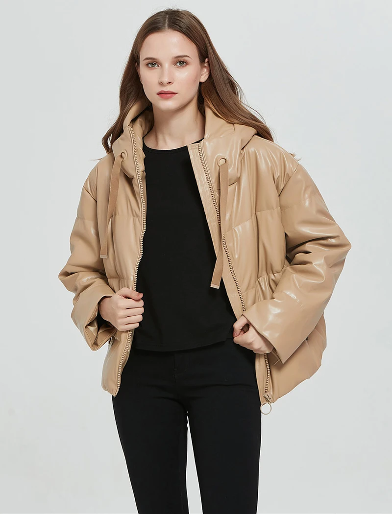 Women Thick Warm PU Zipper Coat Stand-up Collar Padded Faux Leather Jacket 2022Winter Hooded Long Sleeve Pockets Parka Outerwear