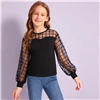 SHEIN Kiddie/черная Повседневная Блузка с контрастной сеткой на плечах детские топы года, Осенние Блузы с длинными рукавами и пуговицами сзади для подростков