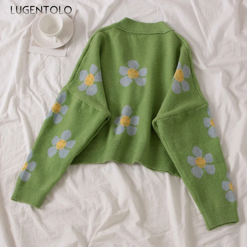 

Lugentolo Women Knitted Sweater Casual Flowers Cute Long Sleeve Autumn Winter V-neck Sweater Cardigan Female Loose Sweater