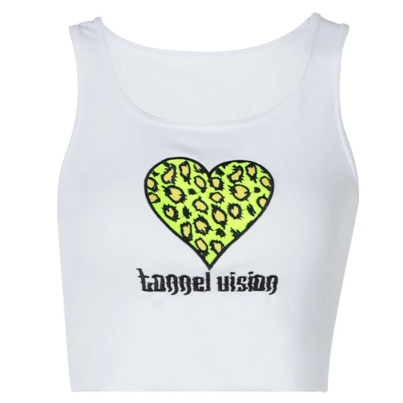 

Women Sleeveless Ribbed Crop Top Spiderweb Leopard Heart Embroidery Camis Vest 83XF